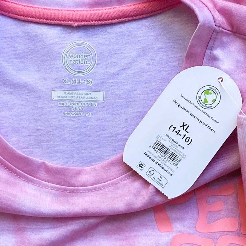 NWT ~ Pink & White Tie Dye "PEACE" Sleep Shirt Gown by WONDER NATION ~ Girls XL