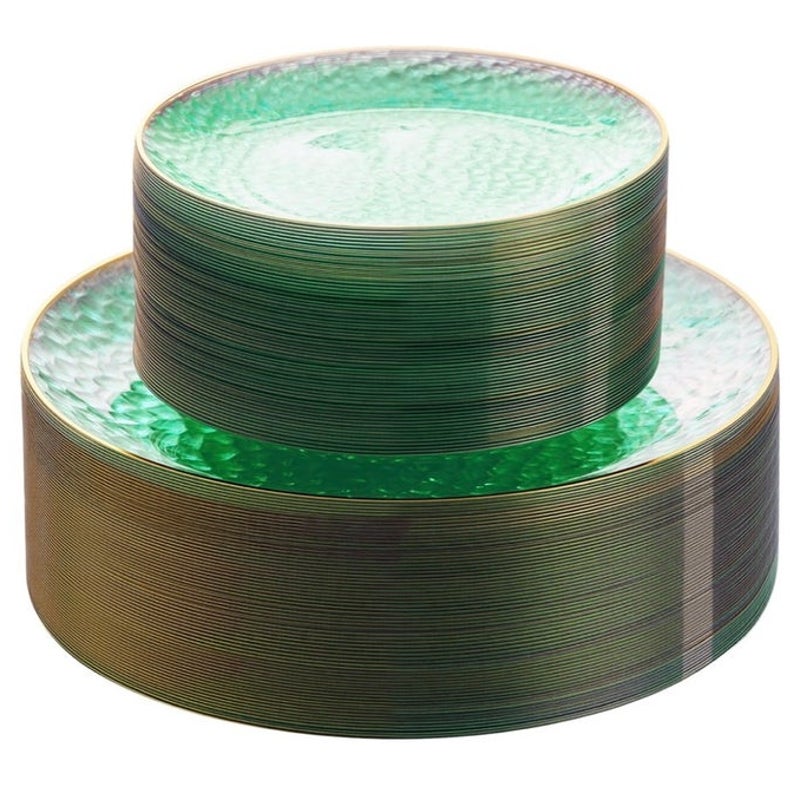BRAND NEW ~ Set/197 Clear Green Hammered Plastic Plates with Gold Rim ~ 7" & 10"