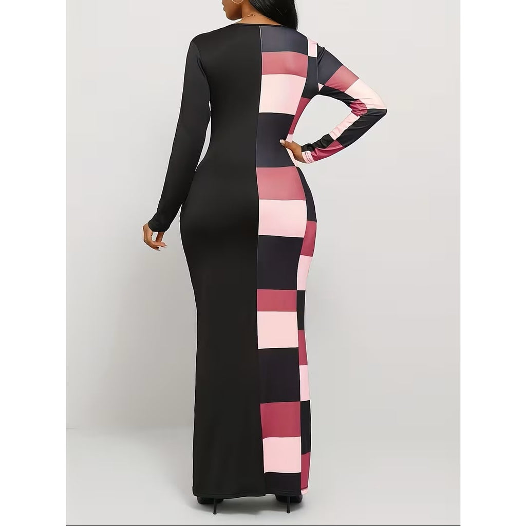 NWT ~ Long Black & Pink Sexy Colorblock Bodycon Pockets Maxi Dress Women's XL