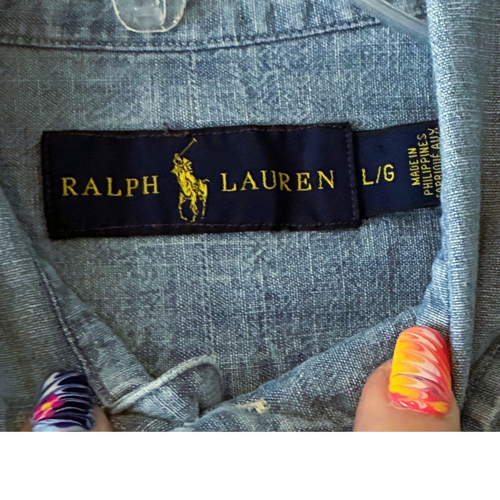 Men's RALPH LAUREN Blue Chambray Button Down Short Sleeve Shirt ~ Size LARGE