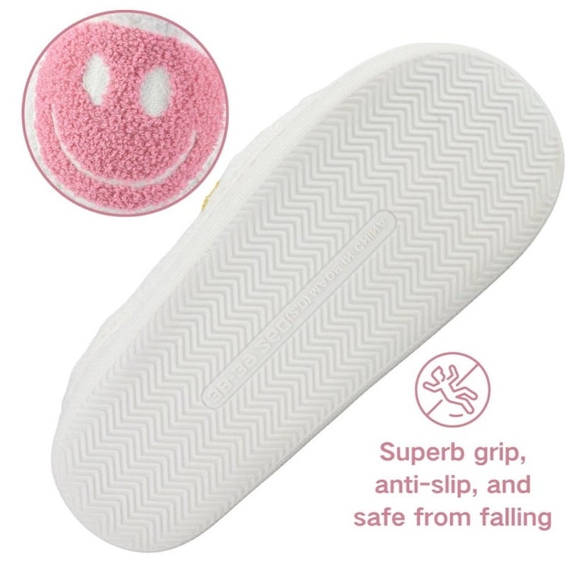 BRAND NEW ~ Pink & White Smiley Face Slip-On Non-Slip Fuzzy Slides Slippers ~8/9