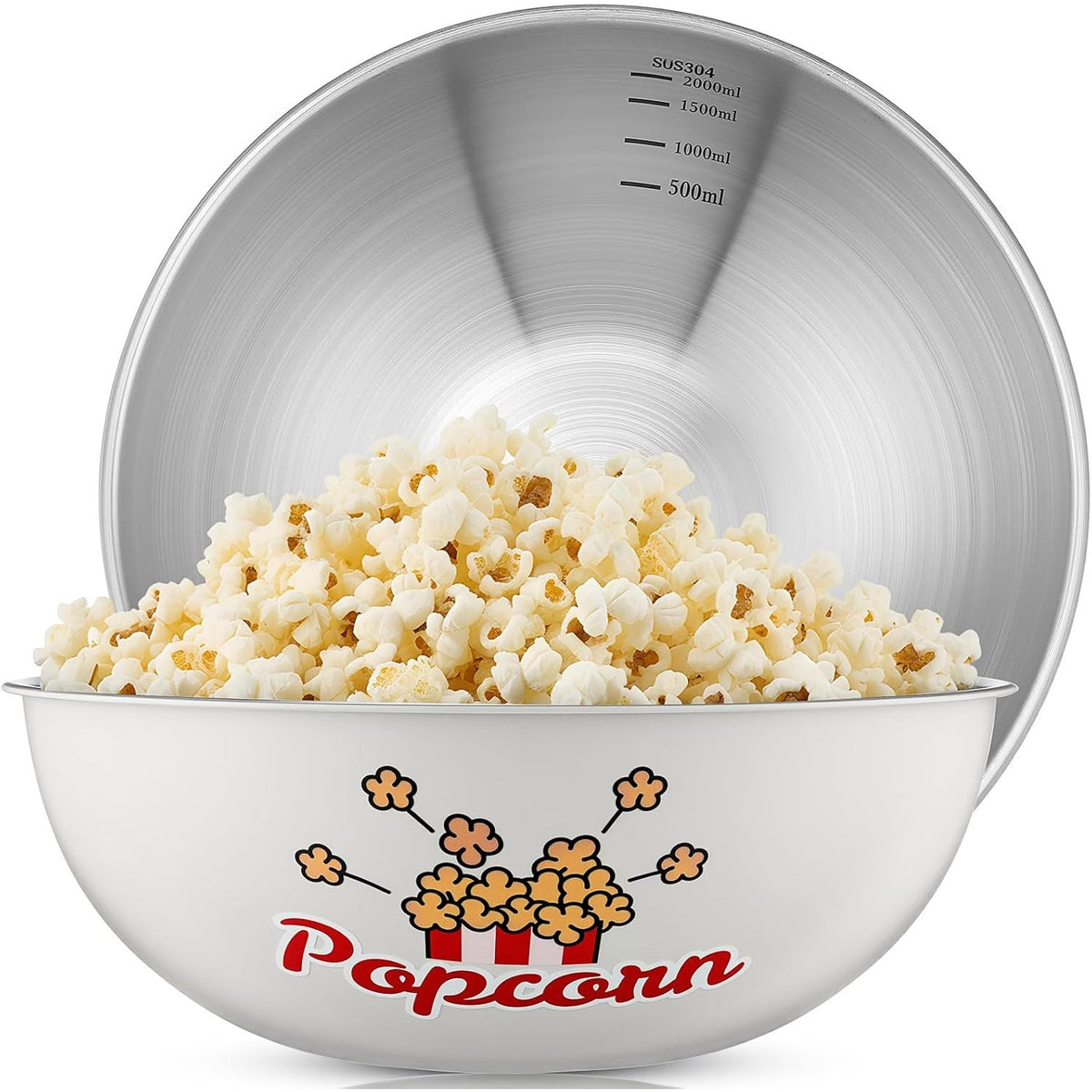 BRAND NEW ~ Set/2 Stainless Steel Red & White 3qt Metal Popcorn Serving Bowls