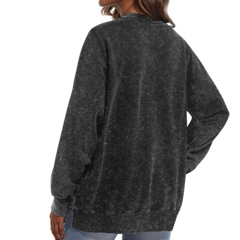 NWT ~ Distressed Black Oversized Sweatshirt Side Splits & Long Sleeve ~ LARGE