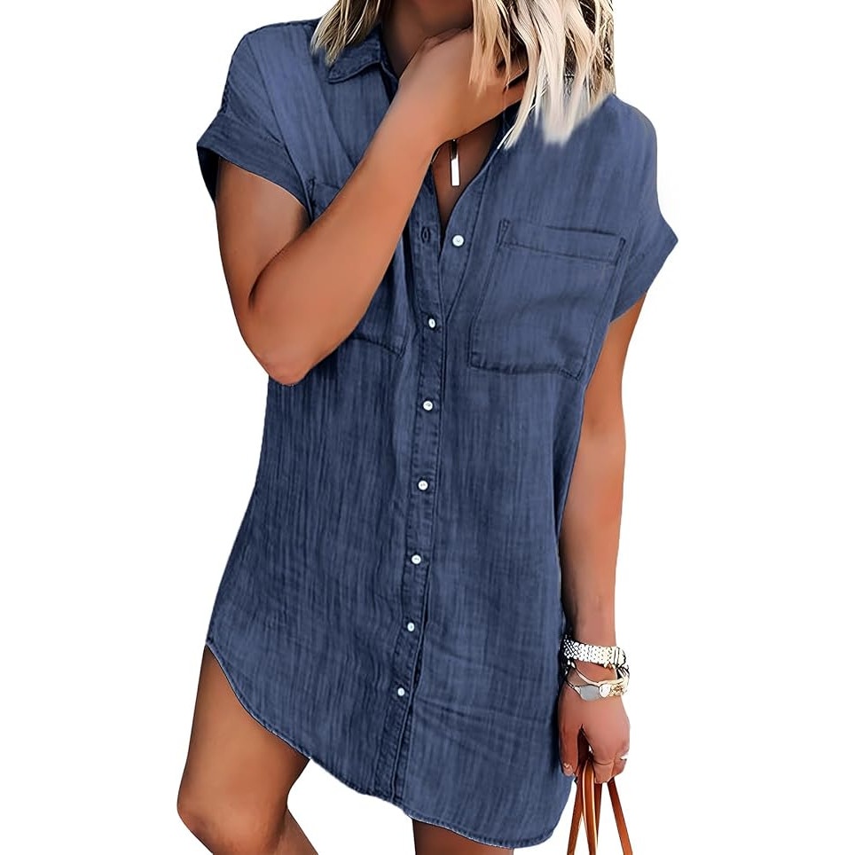 NWT ~ Women's Denim Look Casual Mini Cotton Blend Short Shirt Dress ~ MEDIUM