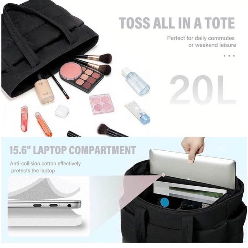 BRAND NEW ~ Large Capacity Black Lightweight Waterproof Quiltd Puffer Tote Bag
