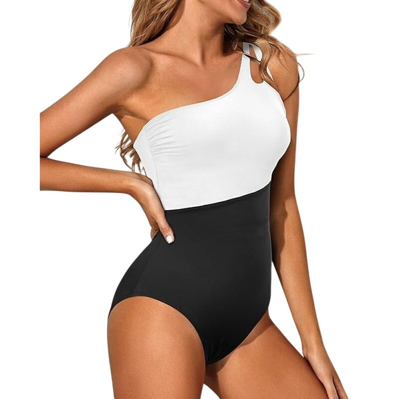 NWT ~ Black & White One Shoulder One Piece Tummy Control Swimsuit ~ Women's XL
