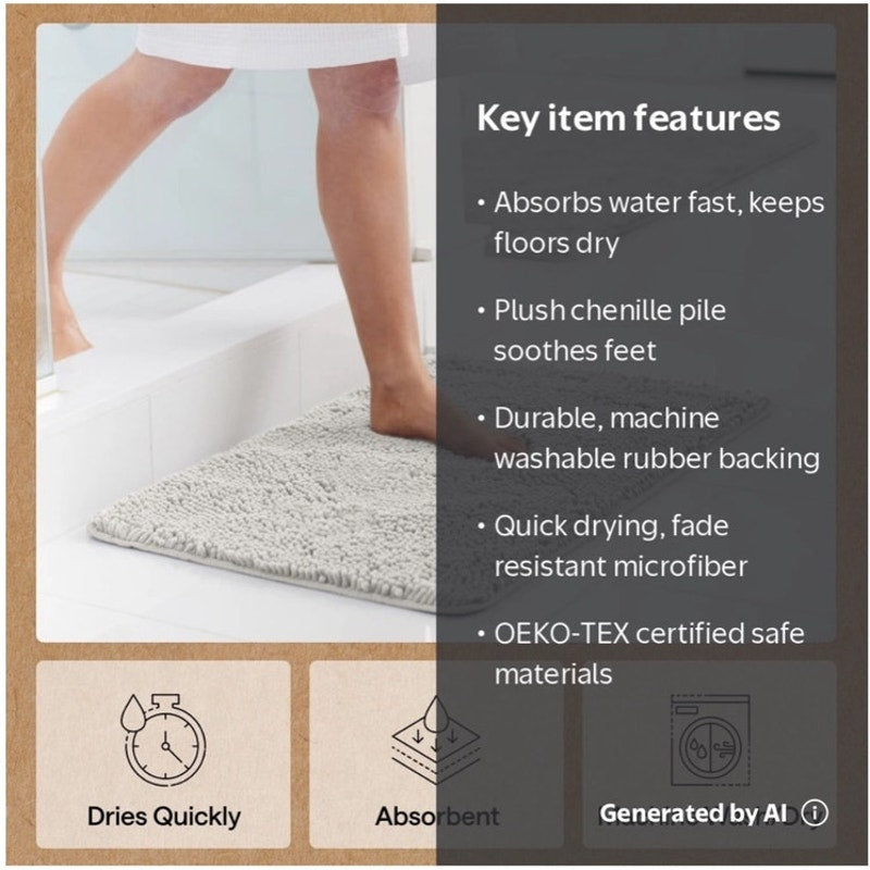 BRAND NEW ~ Gray Chenille Bath Rug Rubber Back Quick Dry Bathroom Mat ~ 24 x 17