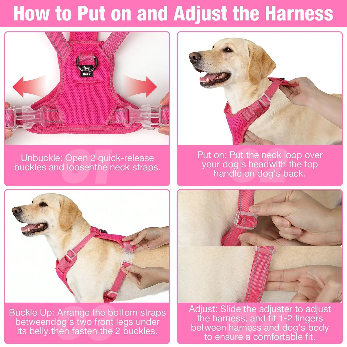 BRAND NEW ~ Pink No Pull Reflective Adjustable Dog Harness Vest & Handle MEDIUM