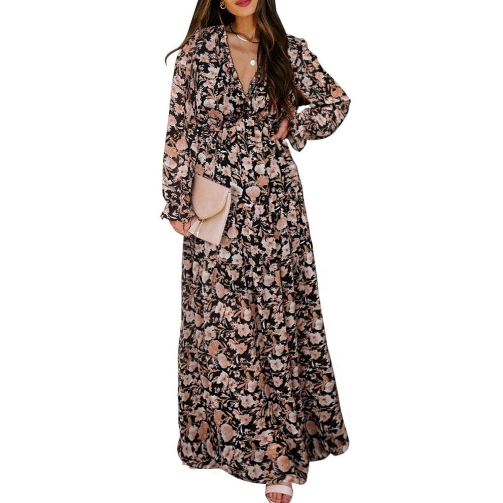NWT Black Floral Long Sleeve Relaxed Fit Ruffle Layered Maternity Maxi Dress XL