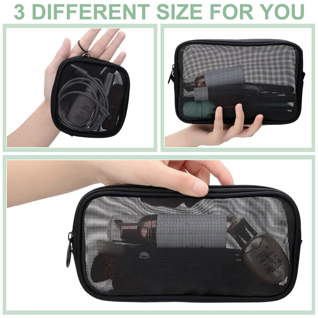 BRAND NEW ~ Set/4 Black Mesh Makeup Toiletries Zipper Travel Bags Luggage Pouch
