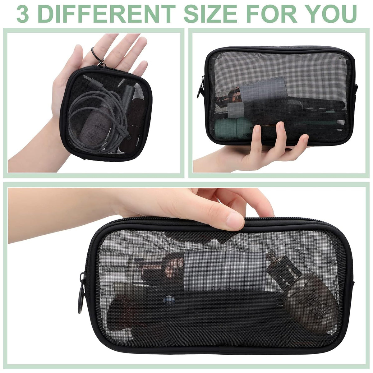 BRAND NEW ~ Set/4 Black Mesh Makeup Toiletries Zipper Travel Bags Luggage Pouch