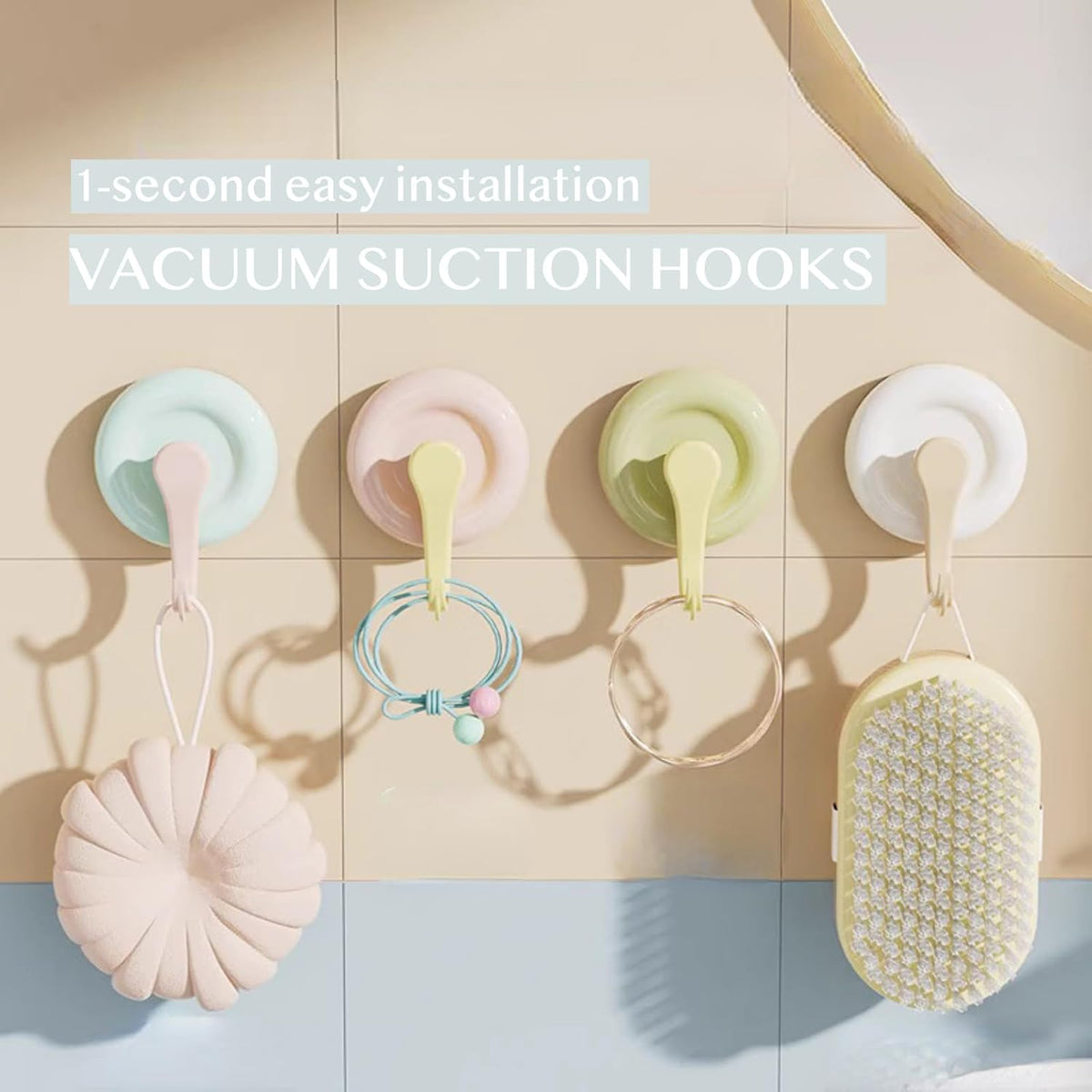 NWT ~ Set/4 Pastel Color Heavy Duty No-Drill Reusable Vacuum Suction Hooks