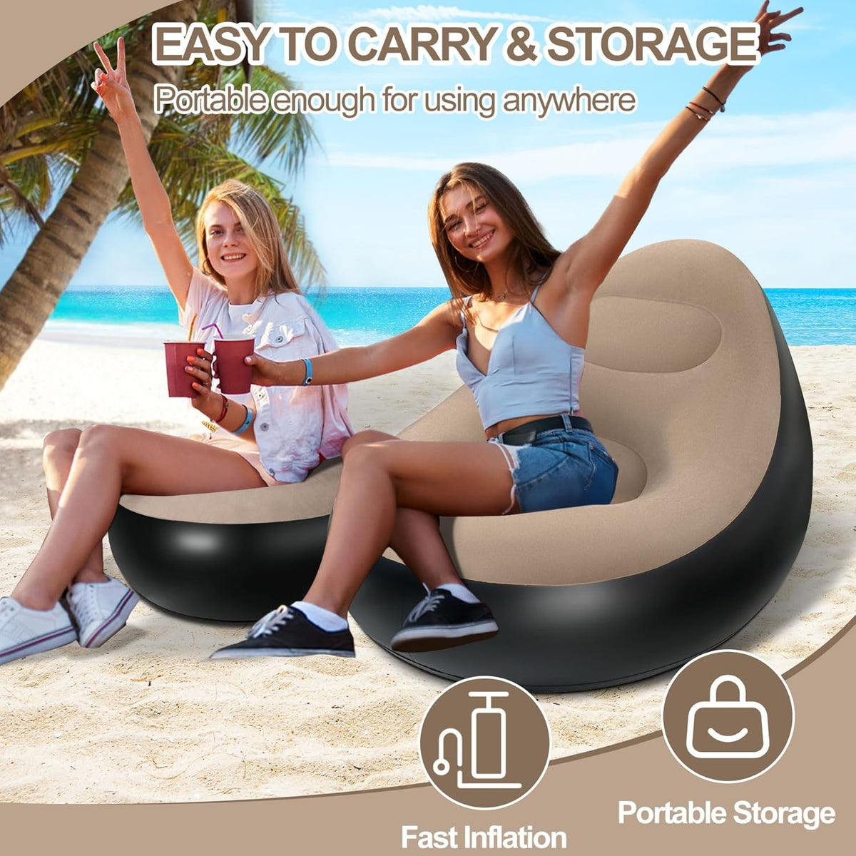 NWT ~ Inflatable Waterproof Blow Up Brown Portable Chair & Ottoman