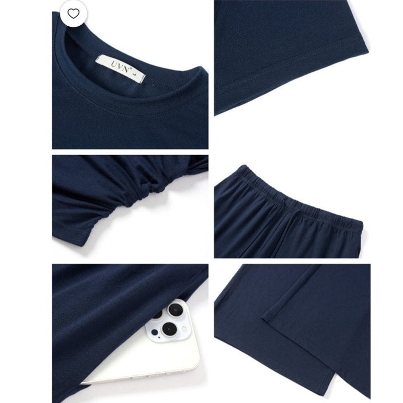 NWT ~ Womens Navy Blue 2pc Summer Outfit Top & Wide Leg Pants Loungewear Set ~ L