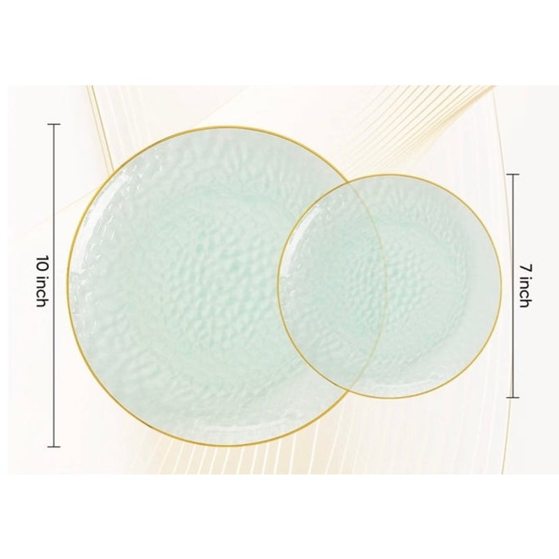 BRAND NEW ~ Set/197 Clear Green Hammered Plastic Plates with Gold Rim ~ 7" & 10"