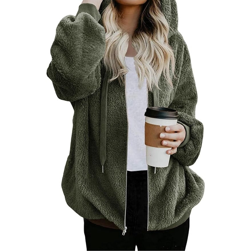 NWT ~ Women's Army Green Thick Sherpa Full Zip Hoodie Coat Jackey ~ Plus Size 3X