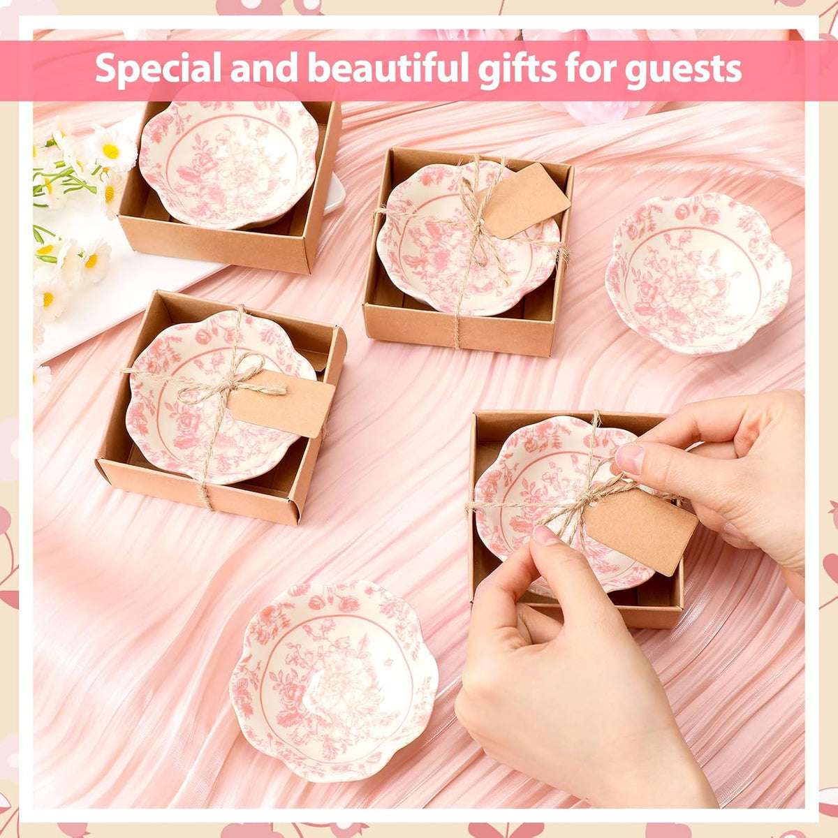 BRAND NEW ~ Set/12 Small 3.3" Pink & White Floral Glass Bowls Dipping Dish & ag