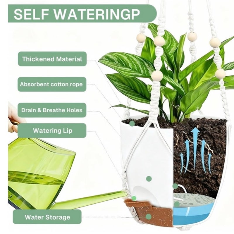 BRAND NEW ~ Set/3 White Hanging Planters & Cotton Rope Pot Hangers & Hooks