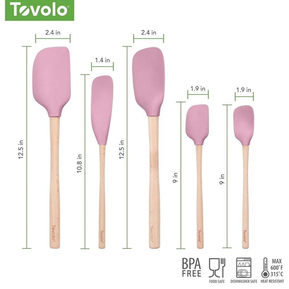 BRAND NEW ~ Set/5 Pink Sorbet Silicone Flex-Core Spatulas & Wooden Handles
