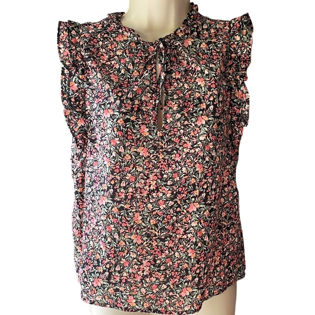 NWT ~ STEVE MADDEN Black Ruffle Calico Sleeveless Blouse Ditsy Top ~ SMALL