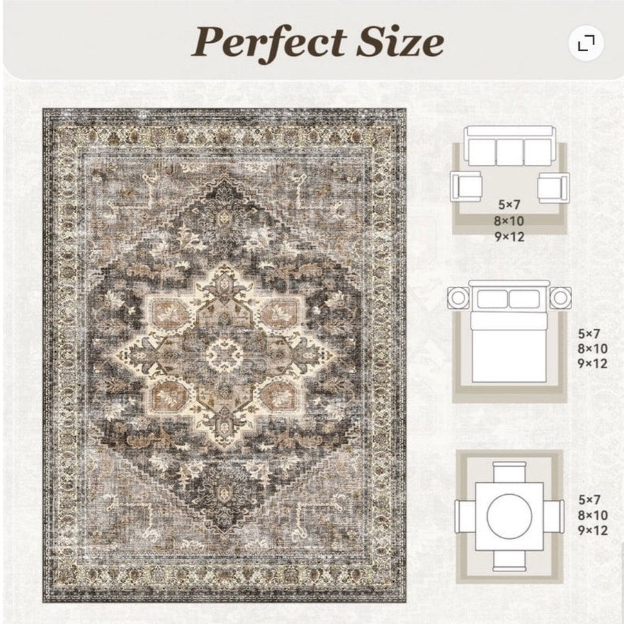 BRAND NEW ~ Brown 8'x10' Area Rug Retro Boho Floral Distressed Indoor Carpet