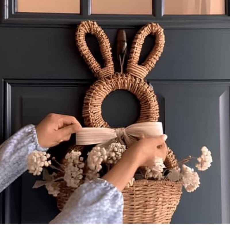 BRAND NEW ~ Hand-woven Wicker Bunny Basket Hanging Wall or Door Wreath Pocket