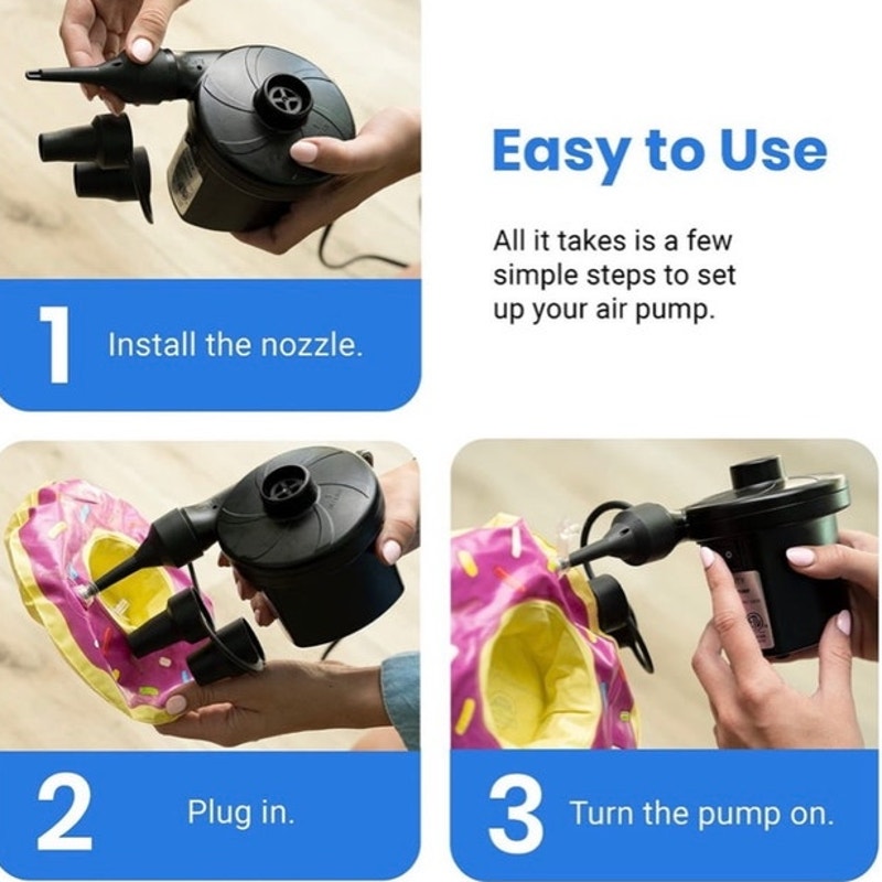 BRAND NEW ~ Quick Electric Black Portable Air Pump Inflator Deflator & 3 Nozzles