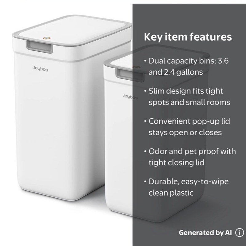 BRAND NEW ~ Set/2 Slim White Plastic Trash Cans with Pop-Up Lids 3.6Gal & 2.4Gal
