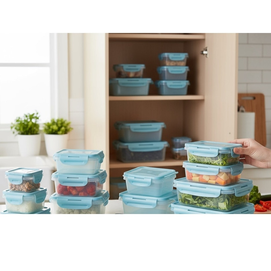 NWT ~ Set/ 48+ Plastic Food Storage Containers & Teal Leakproof Locking Lids