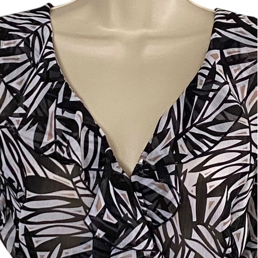 NWT ~ COVINGTON Black & White Chiffon Wrap Ruffle Midi Dress ~ Women's Size 10