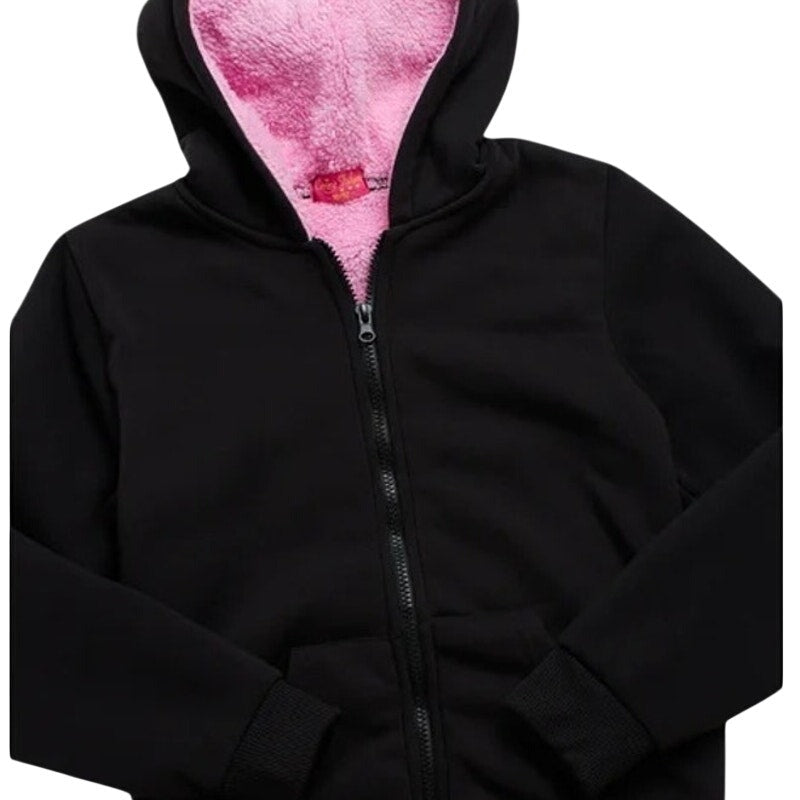 NWT Coney Island Girls Black Full Zip Hoodie Pink Sherpa Lining Sweatshirt ~ 5/6
