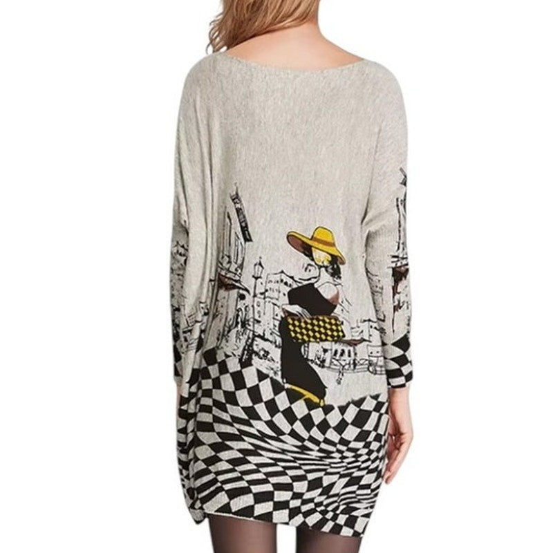 NWT ~ Oversized Abstract Checked Walk City Art Deco Woman Sweater ~ OneSize