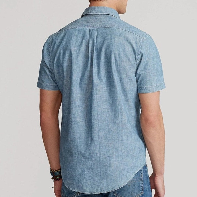 Men's RALPH LAUREN Blue Chambray Button Down Short Sleeve Shirt ~ Size LARGE