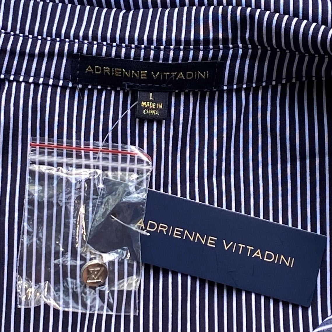 NWT ~ ADRIENNE VITTADINI Blue White Pinstripe Rolled Sleeve Blouse ~ LARGE