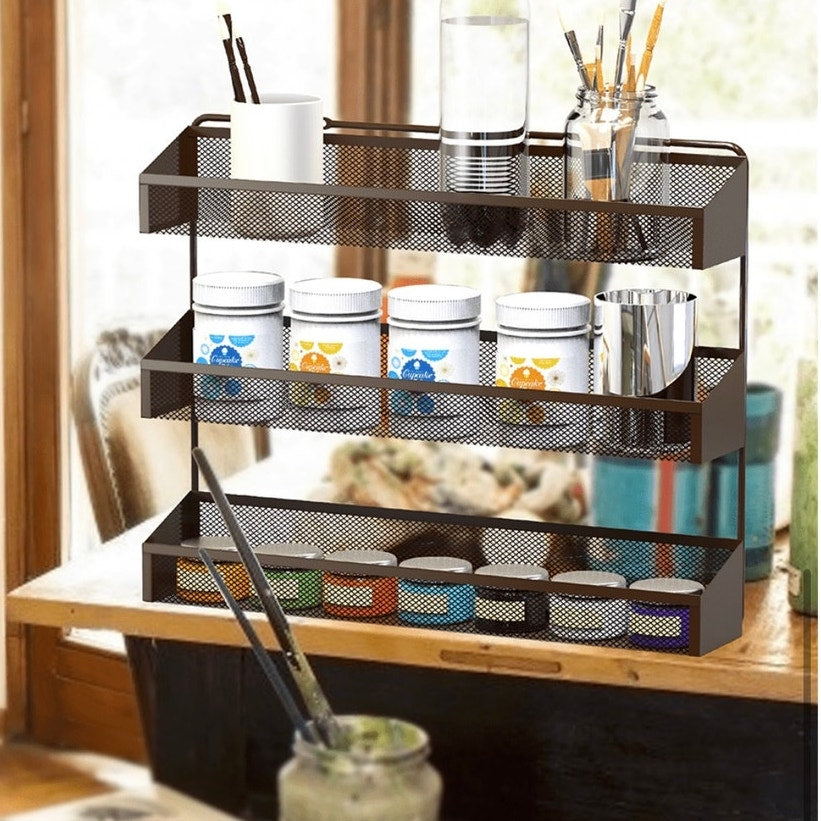 BRAND NEW ~ Set/2 Black Metal 3 Tier Spice Rack Wall Mount Organizer Shelves