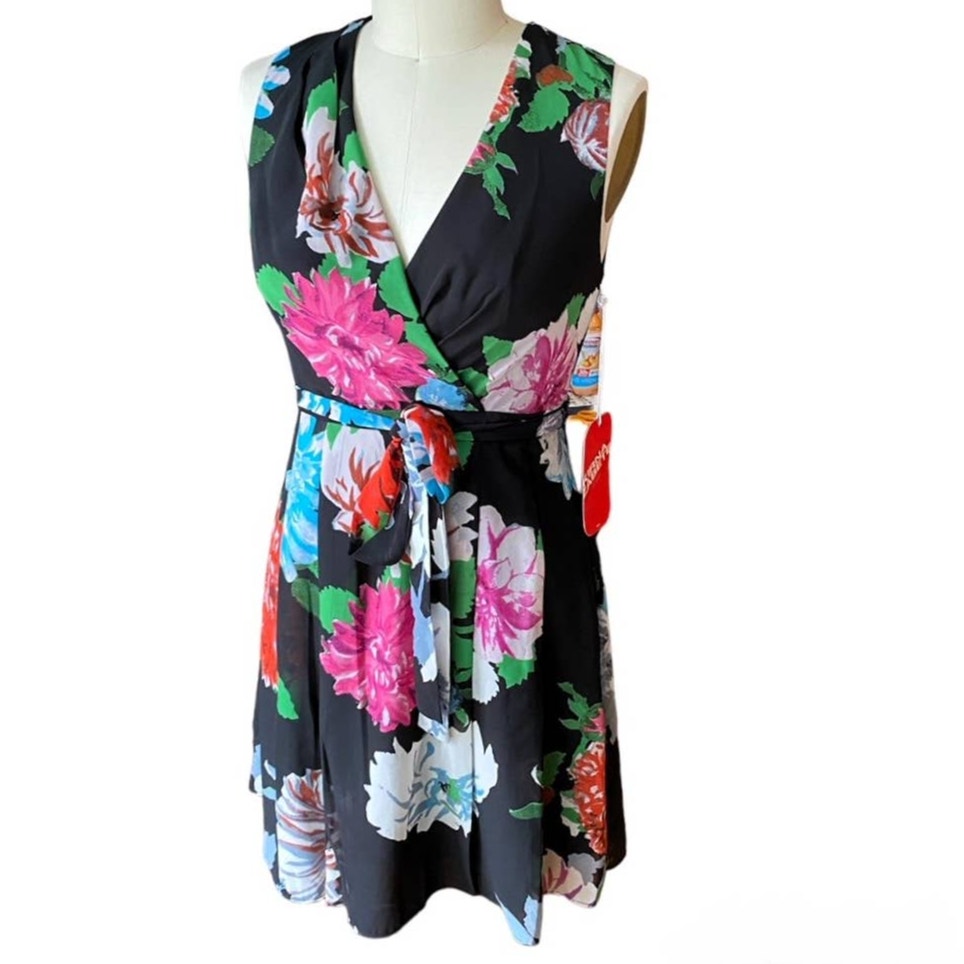 NWT ~ KIRNA ZABETE Black Multicolor Top Wrap Floral Dress ~ Women's Size 10