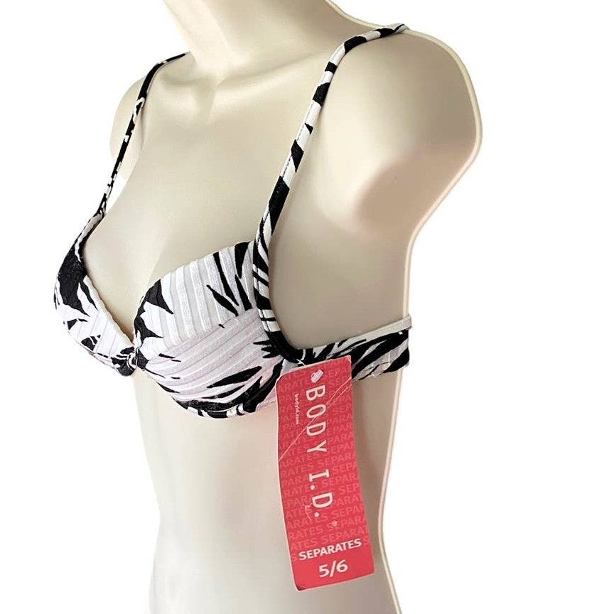 NWT ~ BODY I.D. 5/6 Black & White Tropical Bikini Swimsuit Top ~ Womens Size 5/6