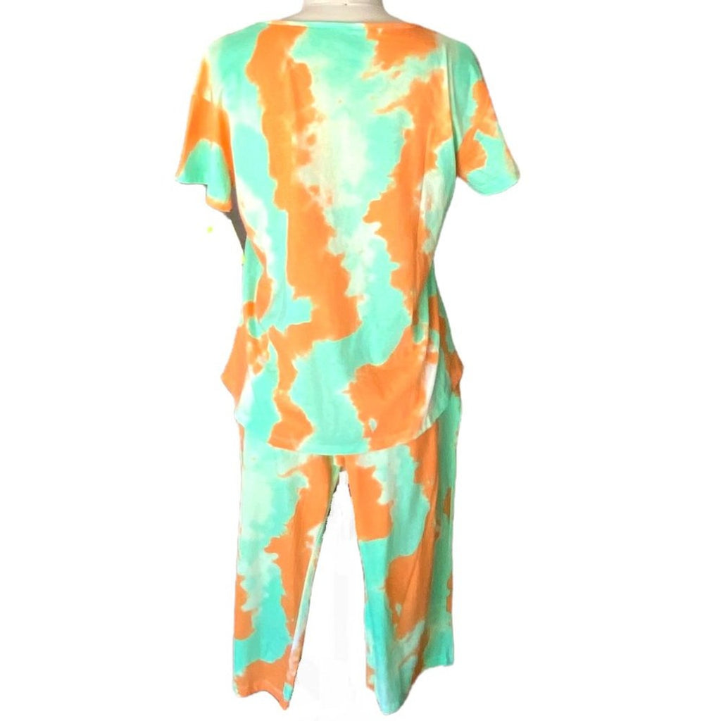 NWT ~ 2pc. Tie Dye Orange & Green Short Sleeve Top & Capri Pants ~ Women's LARGE
