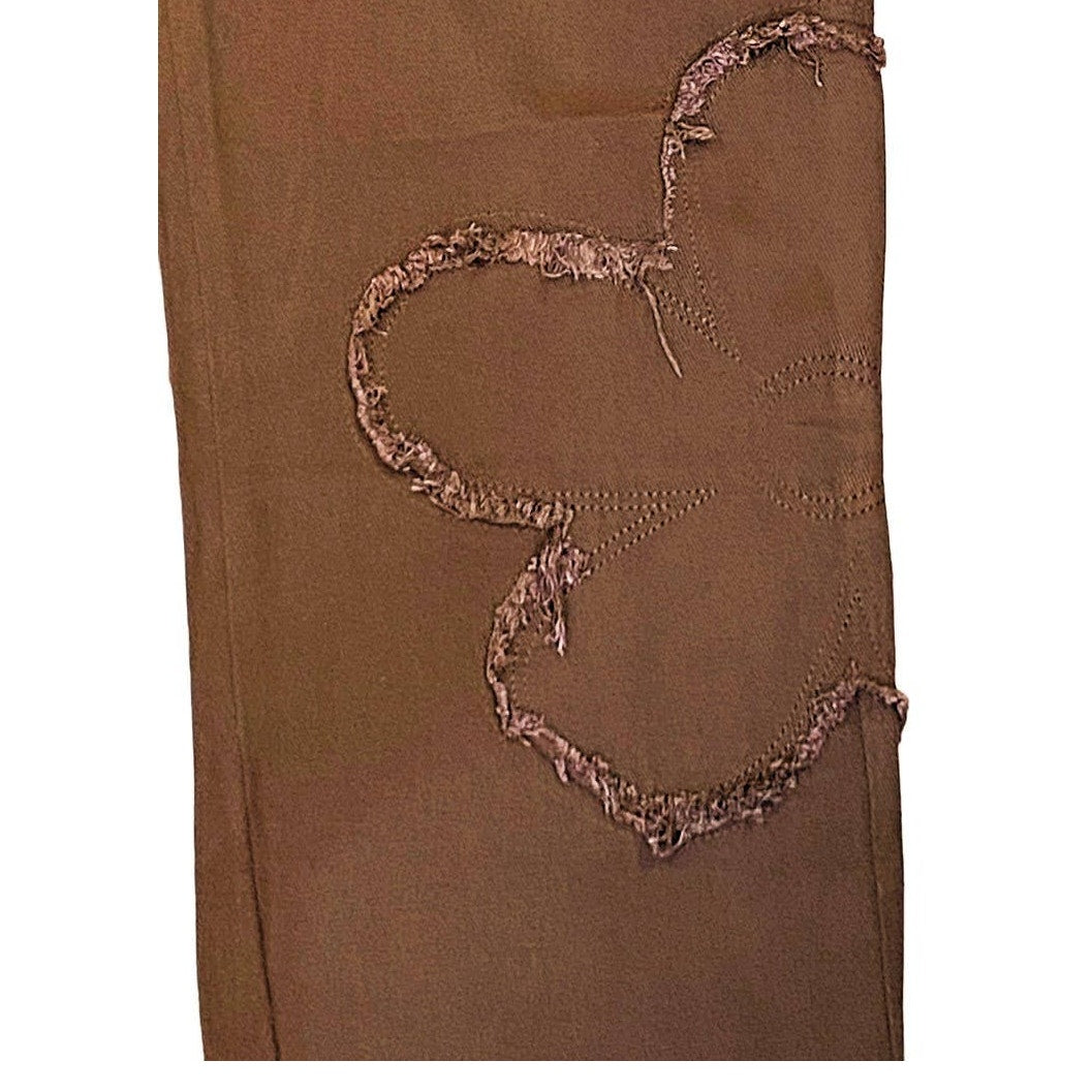 NWT ~ Brown Raw Edge Hem & Frayed Flowers Denim Jeans Pants ~ Women's MEDIUM