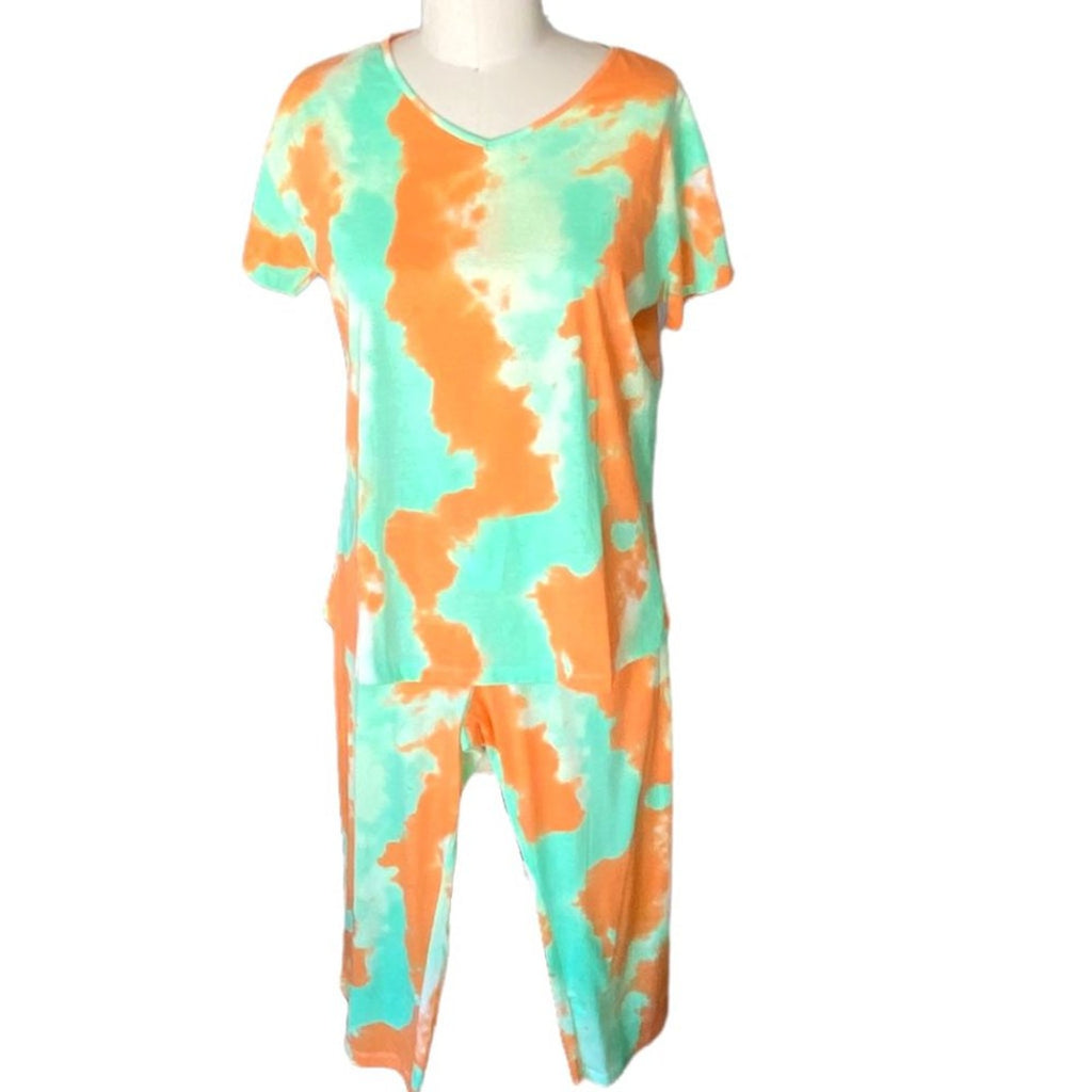 NWT ~ 2pc. Tie Dye Orange & Green Short Sleeve Top & Capri Pants ~ Women's LARGE