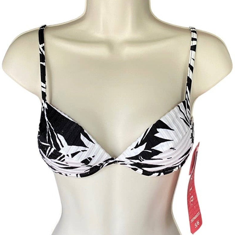 NWT ~ BODY I.D. 5/6 Black & White Tropical Bikini Swimsuit Top ~ Womens Size 5/6