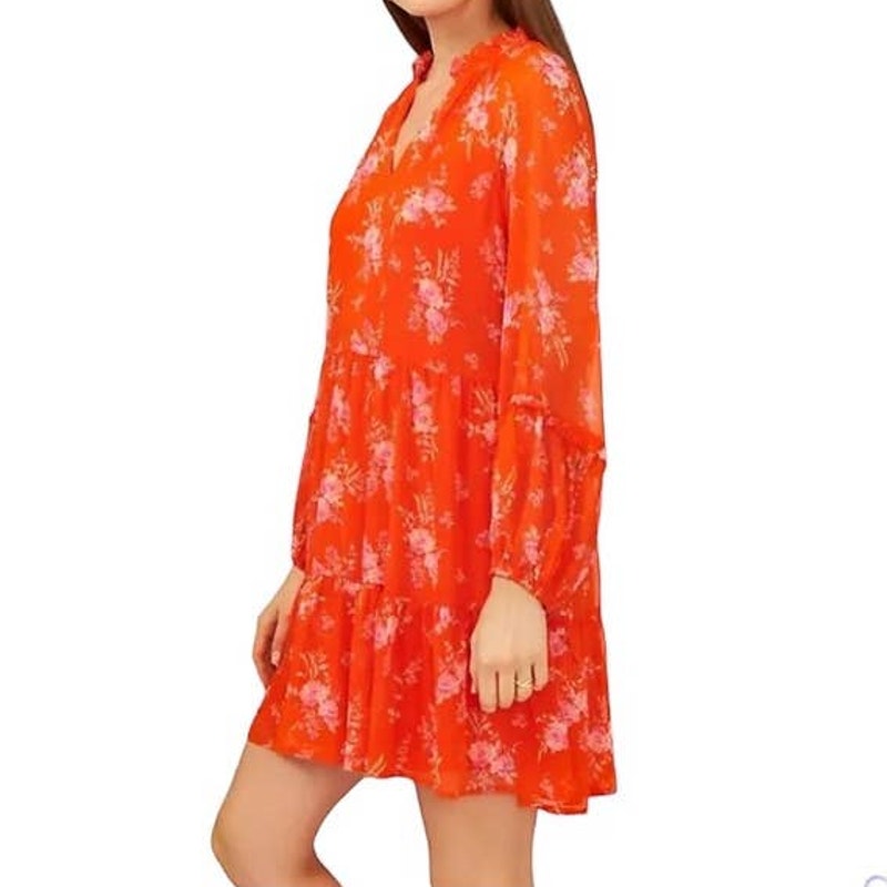 NWT VINCE CAMUTO Floral 3 Tier Lined Orange Pink Mini Dress ~ Womens Size MEDIUM