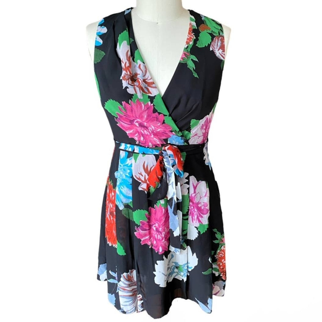 NWT ~ KIRNA ZABETE Black Multicolor Top Wrap Floral Dress ~ Women's Size 10