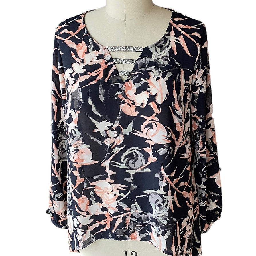 JUICY COUTURE Blue & Pink Floral Crystal Stones Blouse NWT ~ Women's LARGE