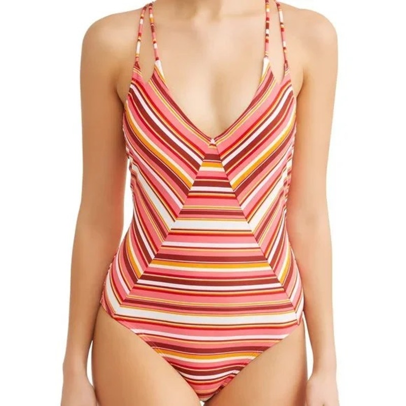 NWT ~ NOBO NO BOUNDARIES Coral Orange Striped Swimsuit ~ Women's Juniors 15 / 17
