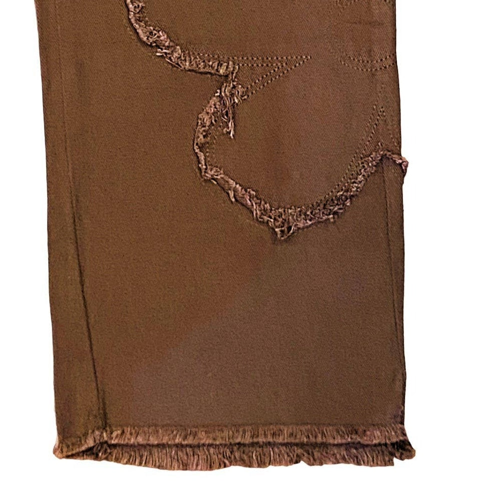 NWT ~ Brown Raw Edge Hem & Frayed Flowers Denim Jeans Pants ~ Women's MEDIUM