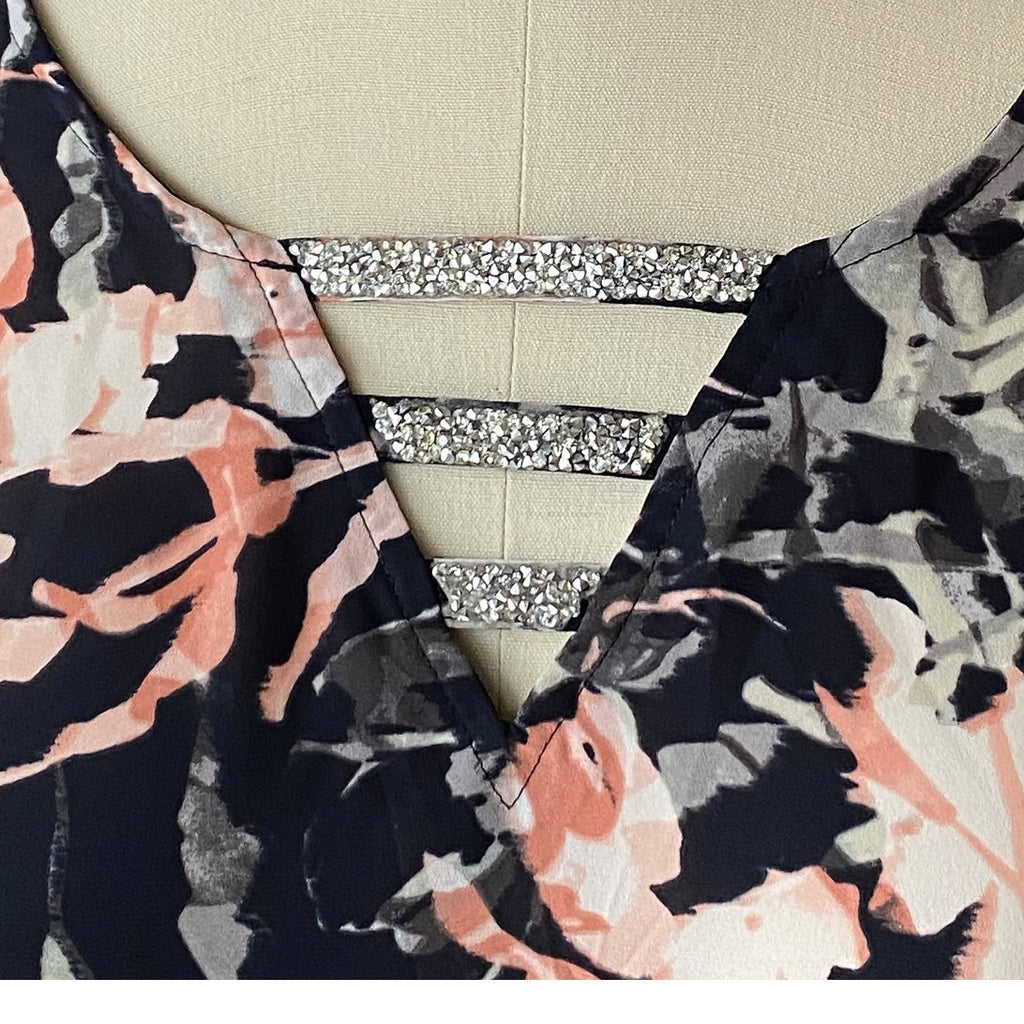JUICY COUTURE Blue & Pink Floral Crystal Stones Blouse NWT ~ Women's LARGE