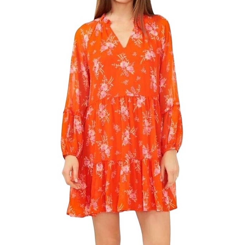 NWT VINCE CAMUTO Floral 3 Tier Lined Orange Pink Mini Dress ~ Womens Size MEDIUM
