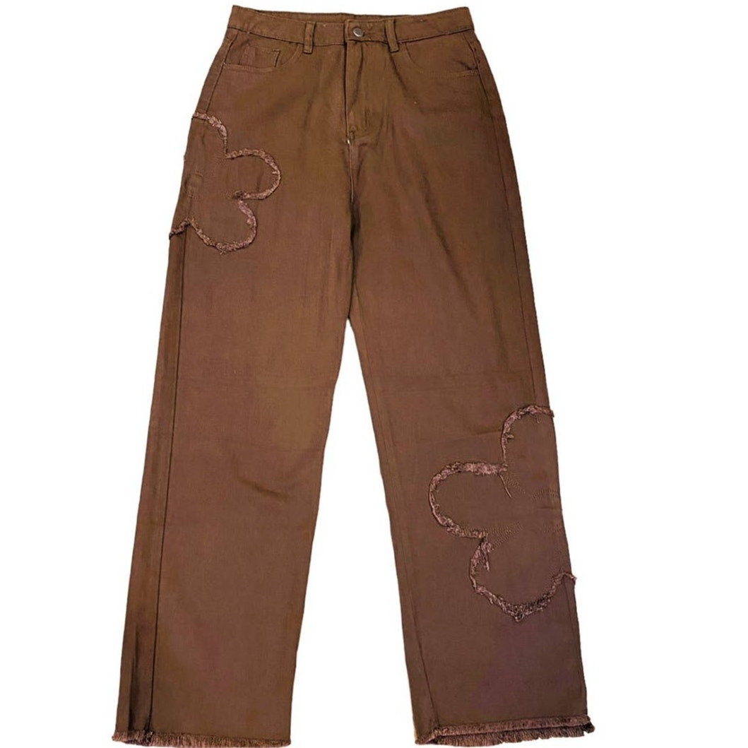 NWT ~ Brown Raw Edge Hem & Frayed Flowers Denim Jeans Pants ~ Women's MEDIUM