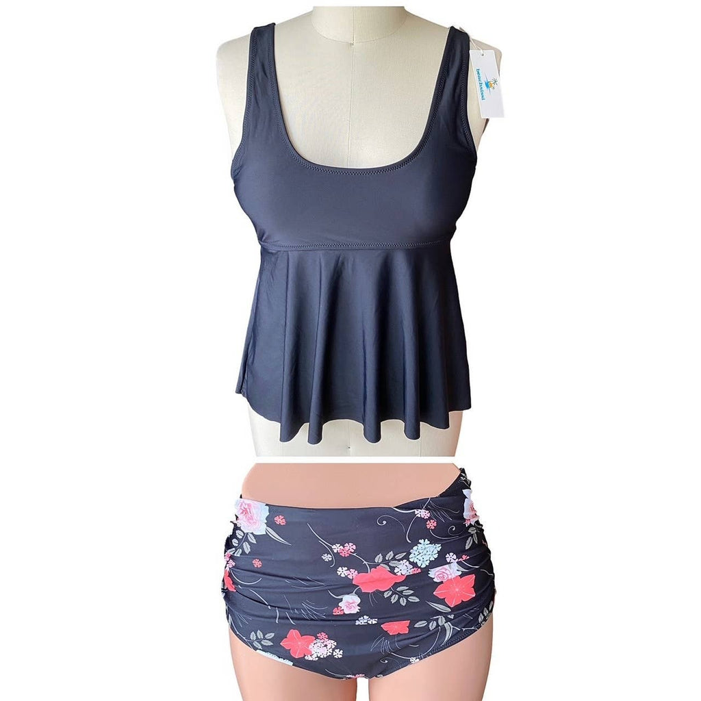 NWT ~ BEACHSISSI Black Floral Tankini Bikini Swimsuit ~ Womens Size MEDIUM